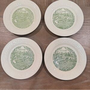 Homer Laughlin Pastoral set of 4 green transferware small china dessert plates